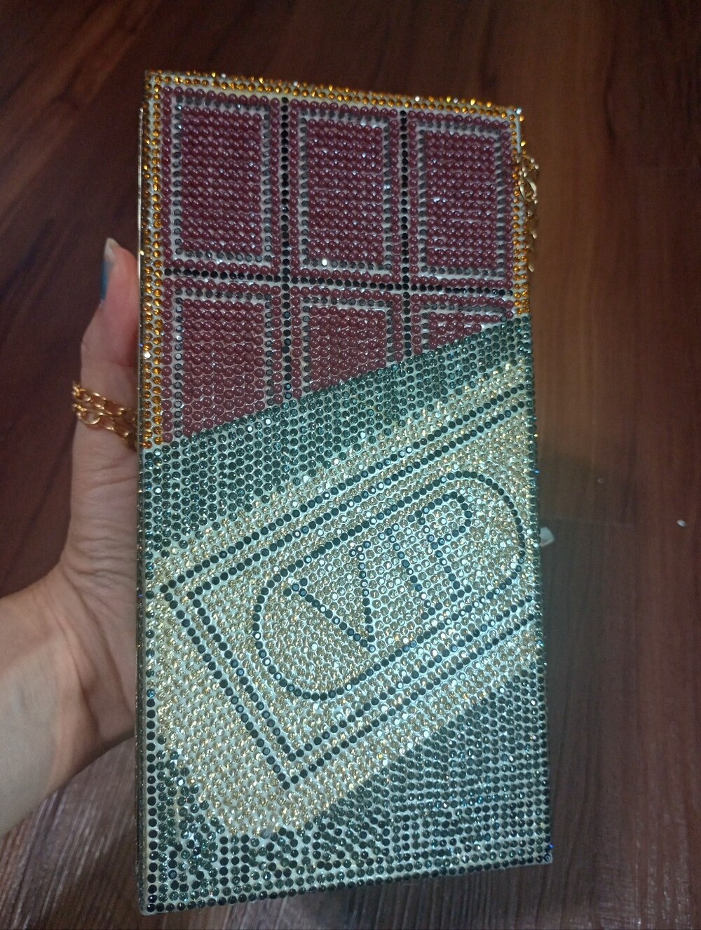 Sparkly Rhinestone Covered VIP Chocolate Bar Crossbody Bag - Picture 1 of 7